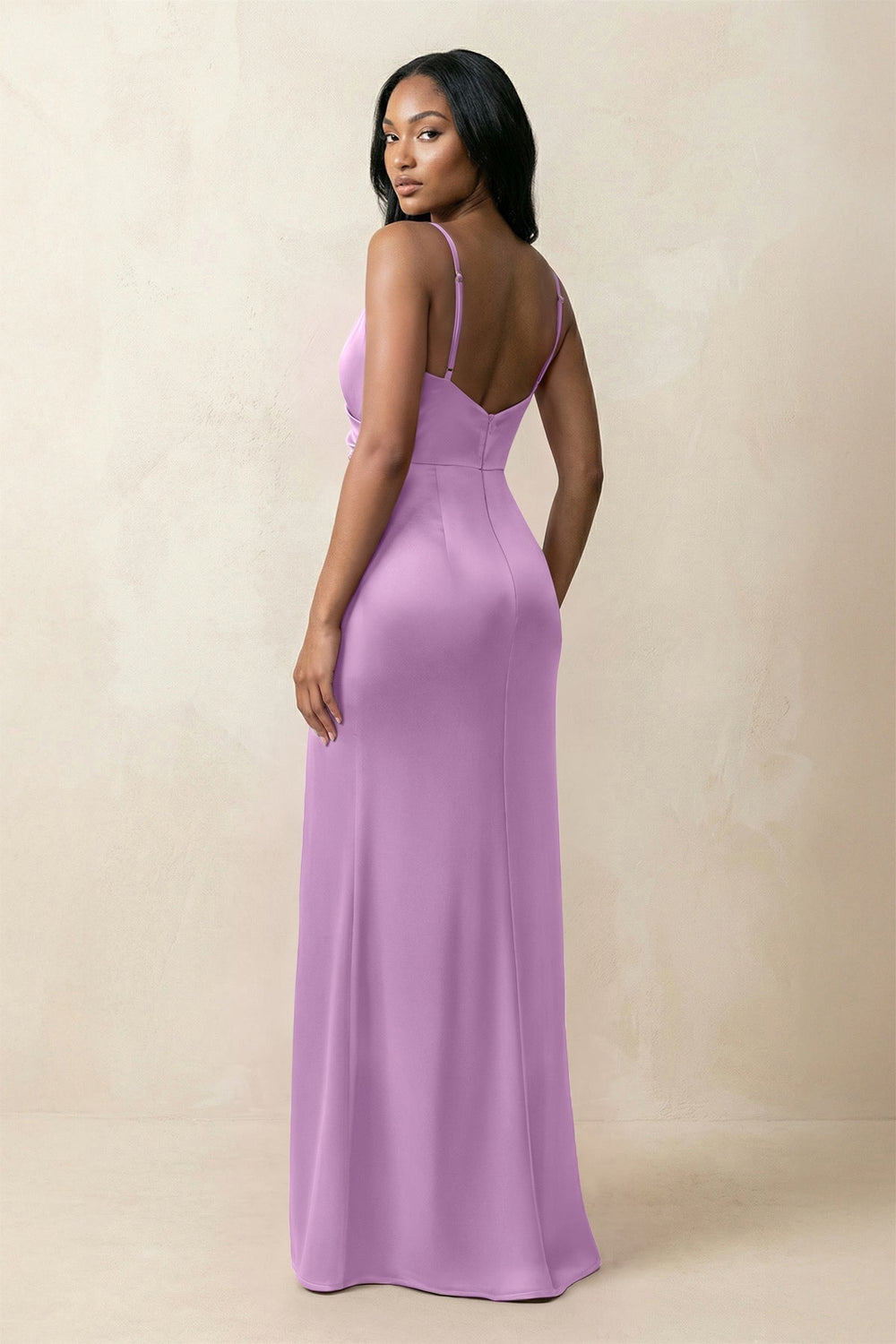 Spaghetti Strap Sheath Satin Ruched Bridesmaid Dress in Vintage Mauve - KISS BRIDAL Bridesmaid Dresses