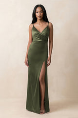 Spaghetti Strap Sheath Satin Ruched Bridesmaid Dress in Willow Green - KISS BRIDAL Bridesmaid Dresses