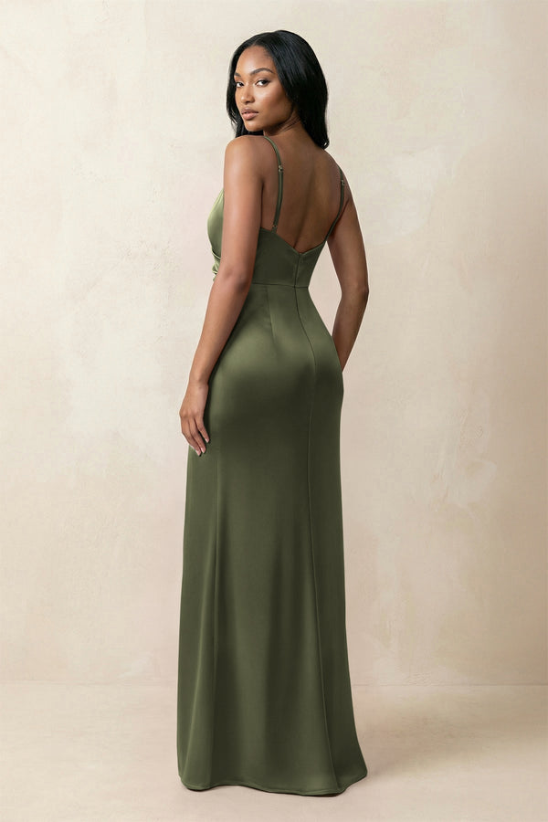 Spaghetti Strap Sheath Satin Ruched Bridesmaid Dress in Willow Green - KISS BRIDAL Bridesmaid Dresses