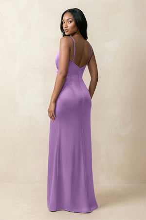 Spaghetti Strap Sheath Satin Ruched Bridesmaid Dress in Wisteria - KISS BRIDAL Bridesmaid Dresses