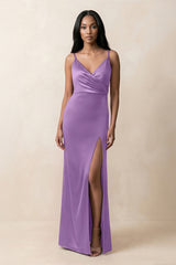 Spaghetti Strap Sheath Satin Ruched Bridesmaid Dress in Wisteria - KISS BRIDAL Bridesmaid Dresses