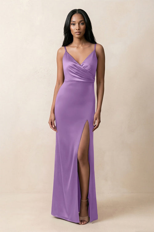 Spaghetti Strap Sheath Satin Ruched Bridesmaid Dress in Wisteria - KISS BRIDAL Bridesmaid Dresses