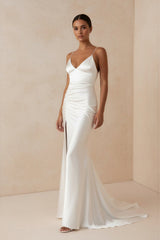 Spaghetti Strap Sheath Satin Wedding Dress With Slit in ivory - KISS BRIDAL Wedding Dresses