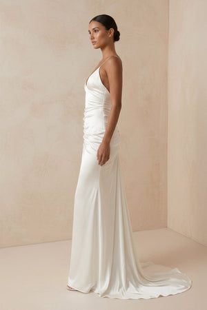 Spaghetti Strap Sheath Satin Wedding Dress With Slit in ivory - SHE IS ME Wedding Dresses
