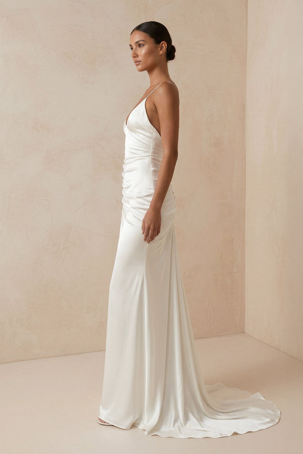 Spaghetti Strap Sheath Satin Wedding Dress With Slit in ivory - SHE IS ME Wedding Dresses
