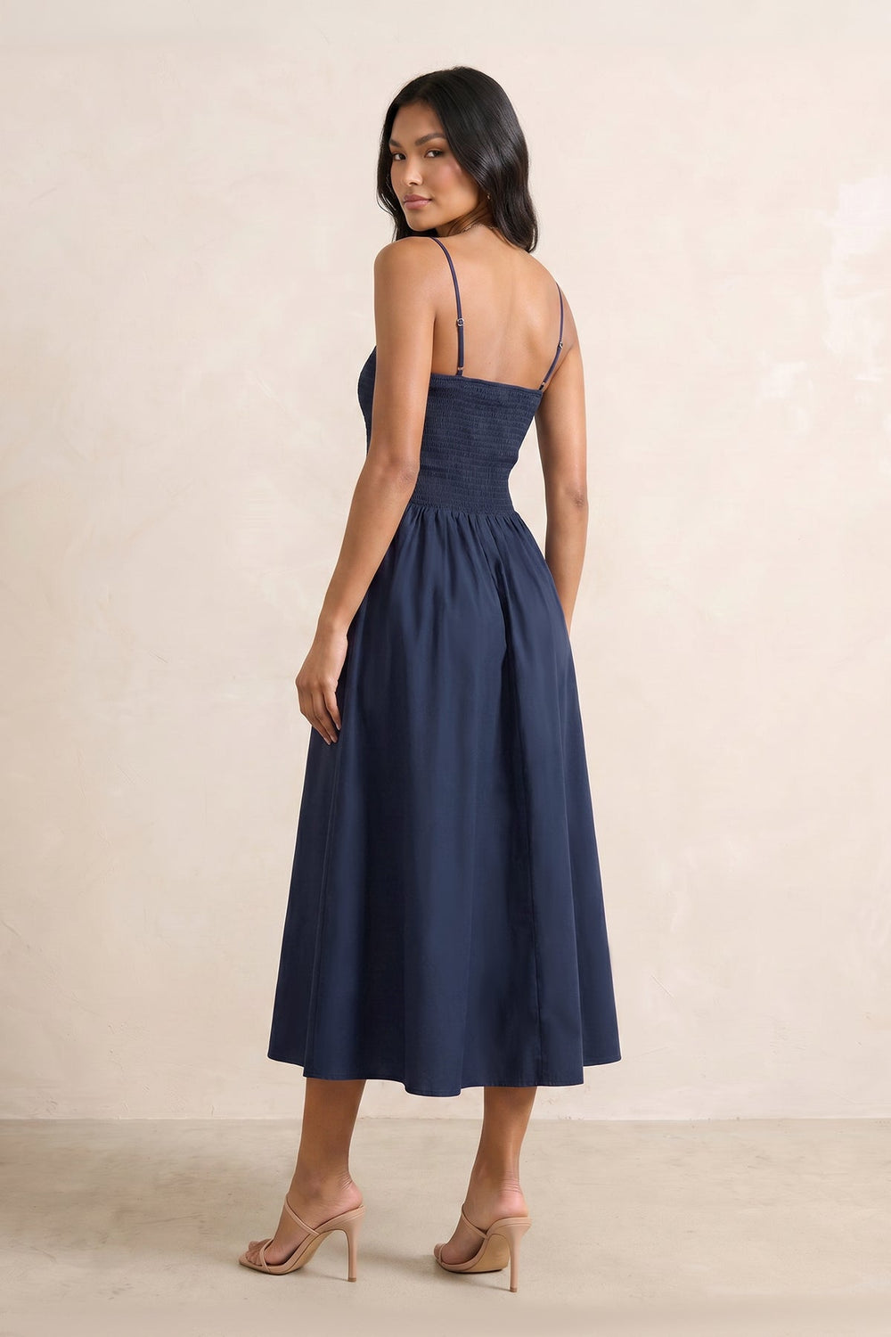 Spaghetti Straps A-Line Knit Midi Dress in Dark Navy– KISS BRIDAL Dresses