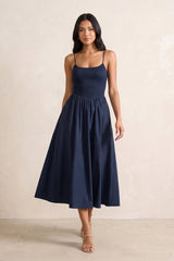 Spaghetti Straps A-Line Knit Midi Dress in Dark Navy– KISS BRIDAL Dresses