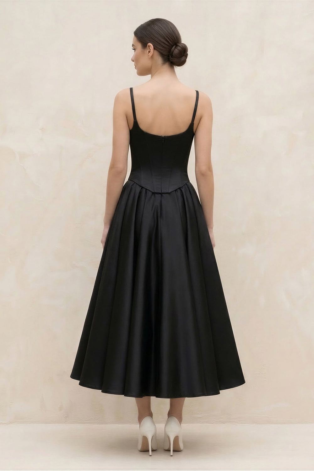 Spaghetti Straps A - Line Satin Midi Wedding Dress in Black - KISS BRIDAL Wedding Dresses