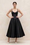 Spaghetti Straps A - Line Satin Midi Wedding Dress in Black - SHE IS ME Wedding Dresses