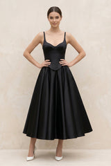 Spaghetti Straps A - Line Satin Midi Wedding Dress in Black - KISS BRIDAL Wedding Dresses