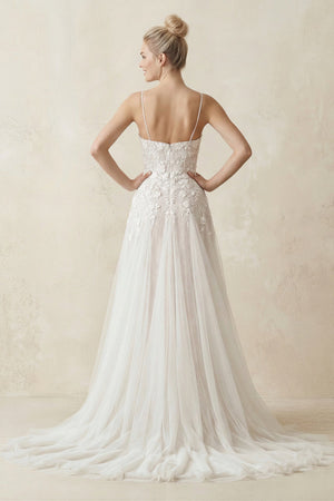 Spaghetti Straps A - Line Tulle Appliqued Wedding Dress in White - SHE IS ME Wedding Dresses