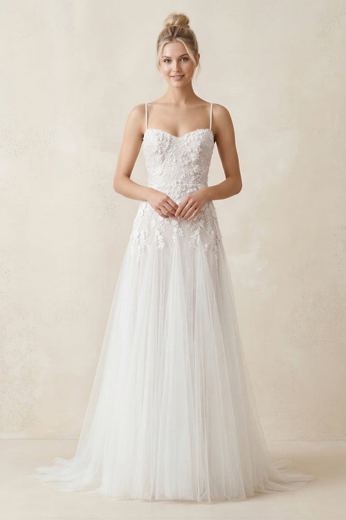 Spaghetti Straps A - Line Tulle Appliqued Wedding Dress in White - SHE IS ME Wedding Dresses