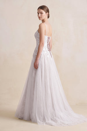 Spaghetti Straps A - Line Tulle Appliqued Wedding Dress in White - KISS BRIDAL Wedding Dresses