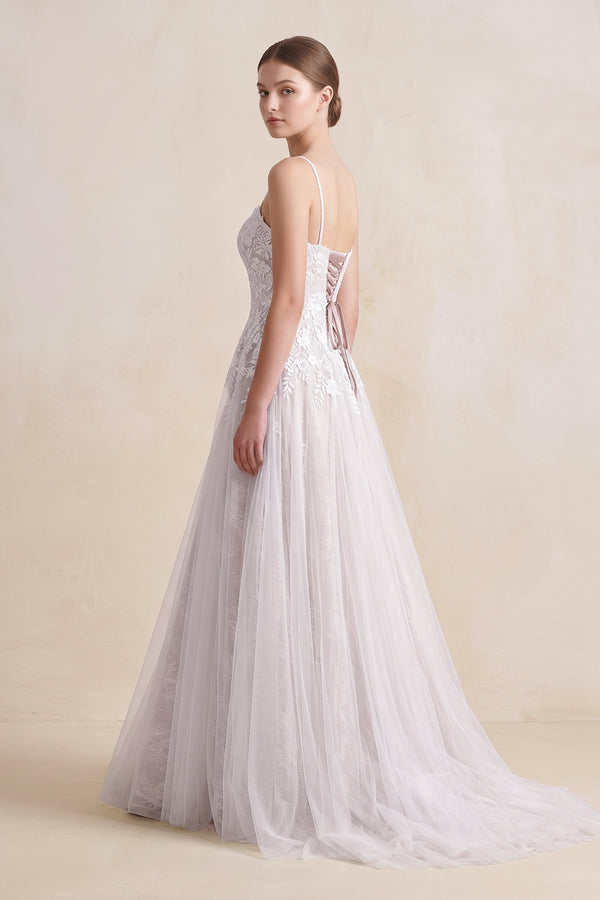 Spaghetti Straps A - Line Tulle Appliqued Wedding Dress in White - KISS BRIDAL Wedding Dresses