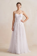 Spaghetti Straps A - Line Tulle Appliqued Wedding Dress in White - KISS BRIDAL Wedding Dresses