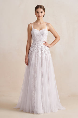 Spaghetti Straps A - Line Tulle Appliqued Wedding Dress in White - KISS BRIDAL Wedding Dresses