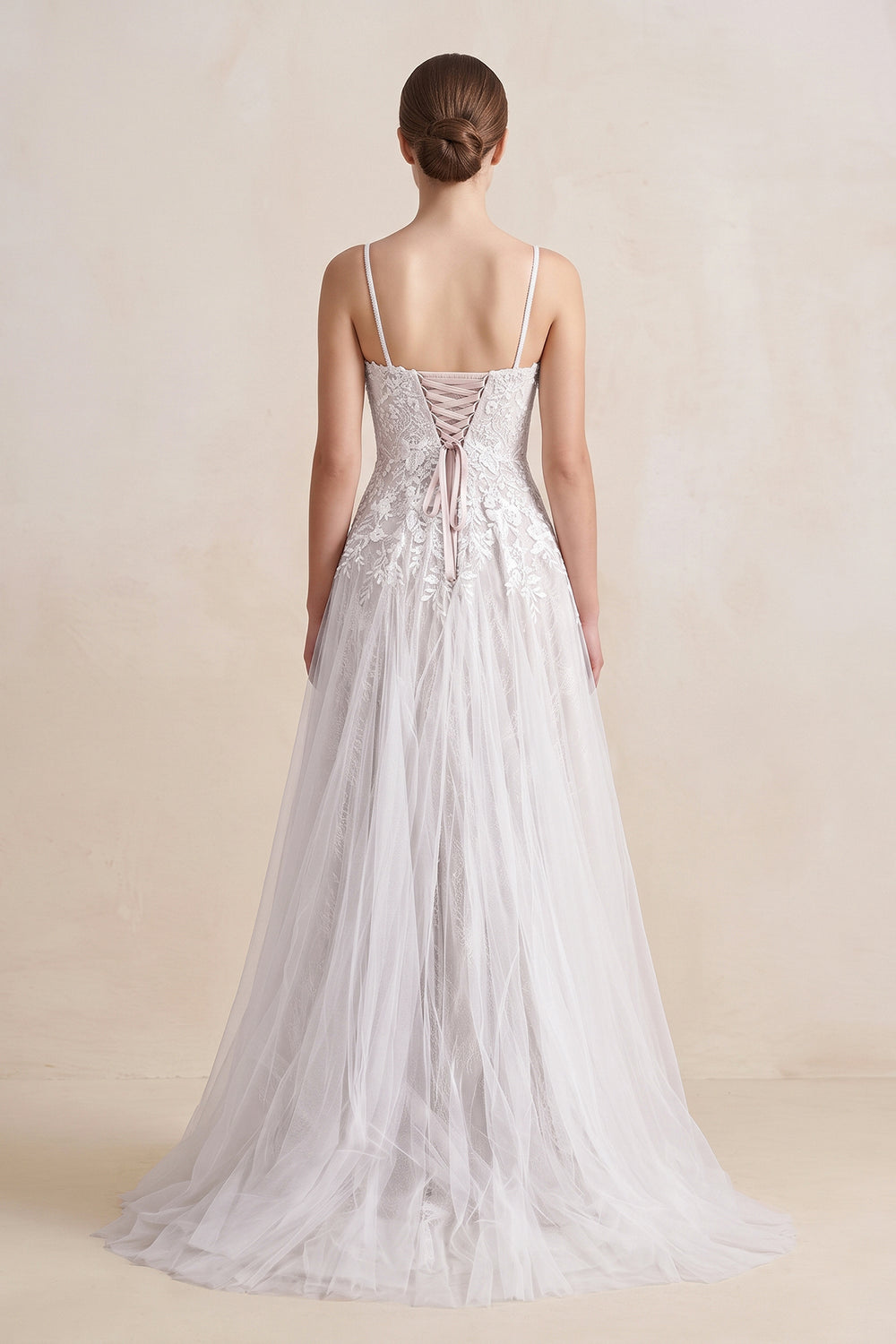 Spaghetti Straps A-Line Tulle Appliqued Wedding Dress in White
