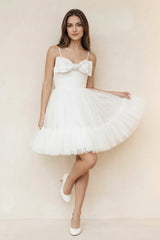 Spaghetti Straps A - line Tulle Bow Wedding Dress With Beading in White - KISS BRIDAL Wedding Dresses