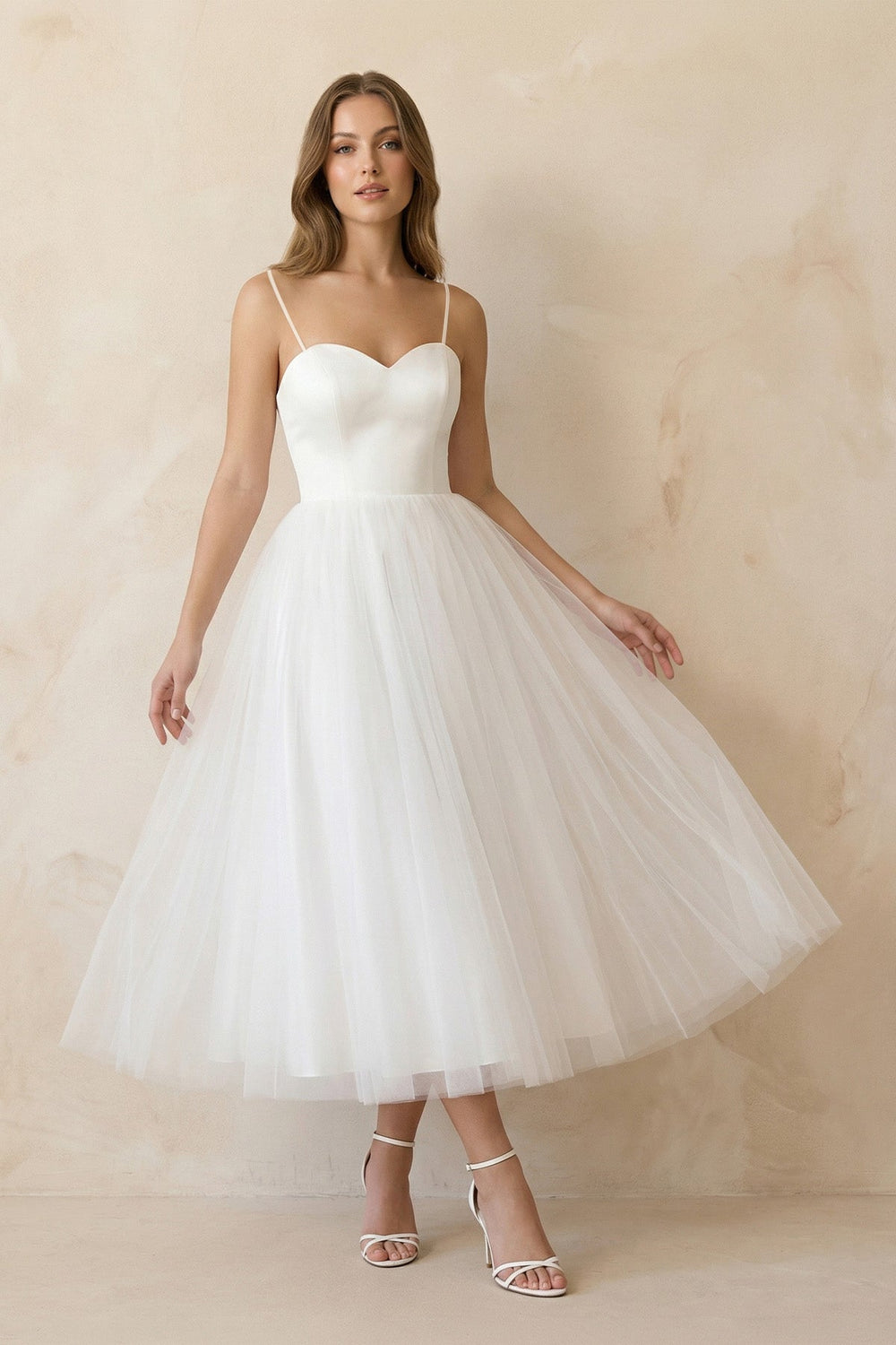 Spaghetti Straps A - Line Tulle Midi Wedding Dress in White - KISS BRIDAL Wedding Dresses