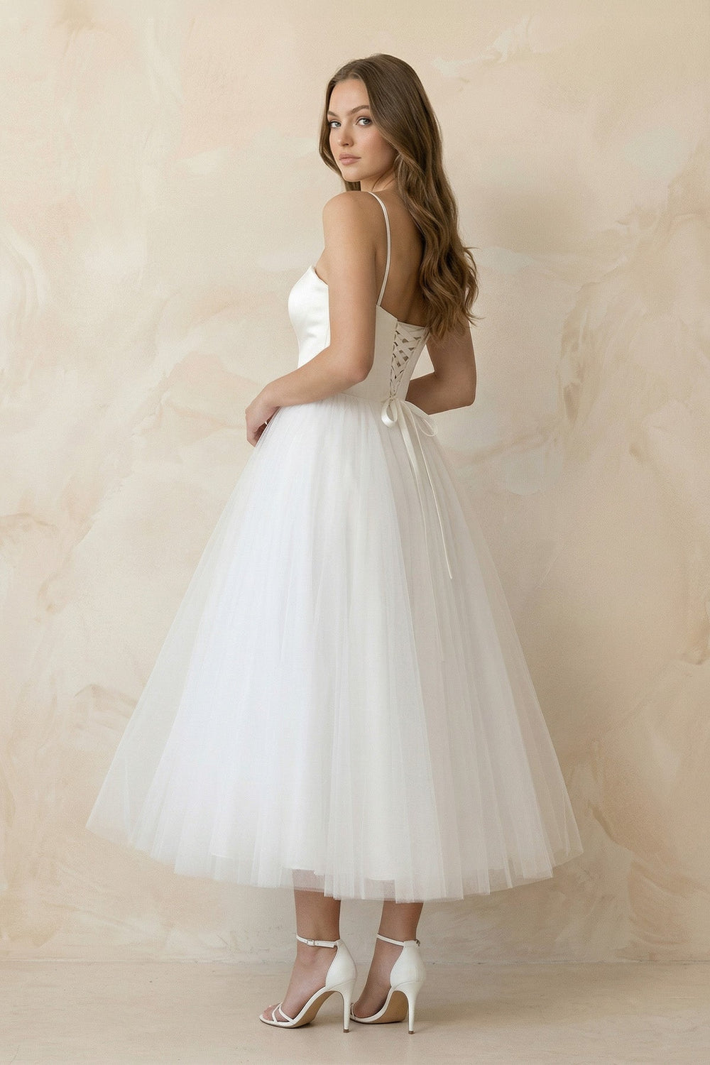 Spaghetti Straps A - Line Tulle Midi Wedding Dress in White - KISS BRIDAL Wedding Dresses