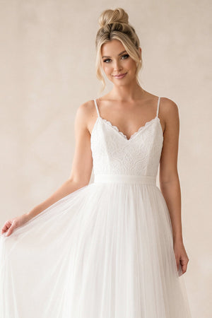 Spaghetti Straps A - Line Tulle Ruched Wedding Dress in White - SHE IS ME Wedding Dresses