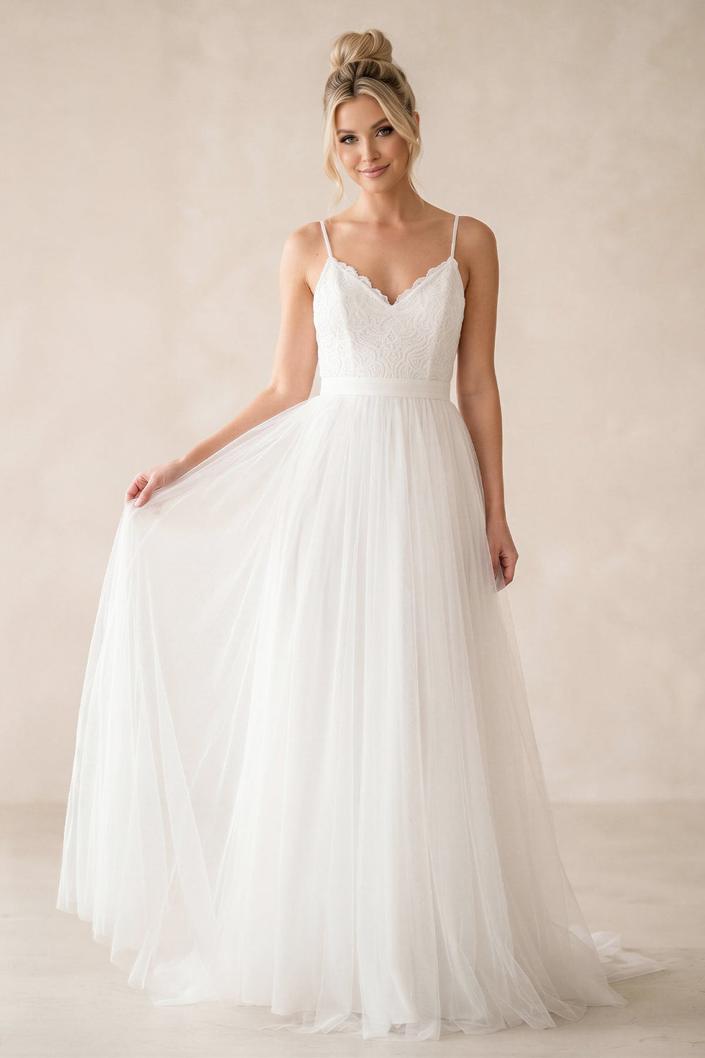 Spaghetti Straps A - Line Tulle Ruched Wedding Dress in White - KISS BRIDAL Wedding Dresses
