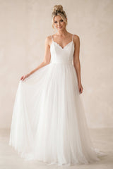 Spaghetti Straps A - Line Tulle Ruched Wedding Dress in White - KISS BRIDAL Wedding Dresses