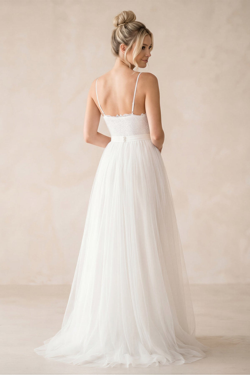 Spaghetti Straps A - Line Tulle Ruched Wedding Dress in White - KISS BRIDAL Wedding Dresses