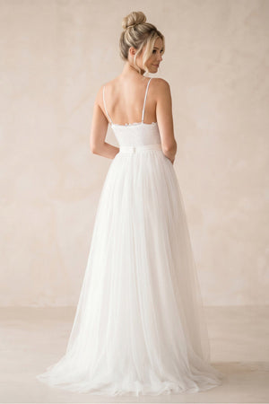 Spaghetti Straps A - Line Tulle Ruched Wedding Dress in White - SHE IS ME Wedding Dresses