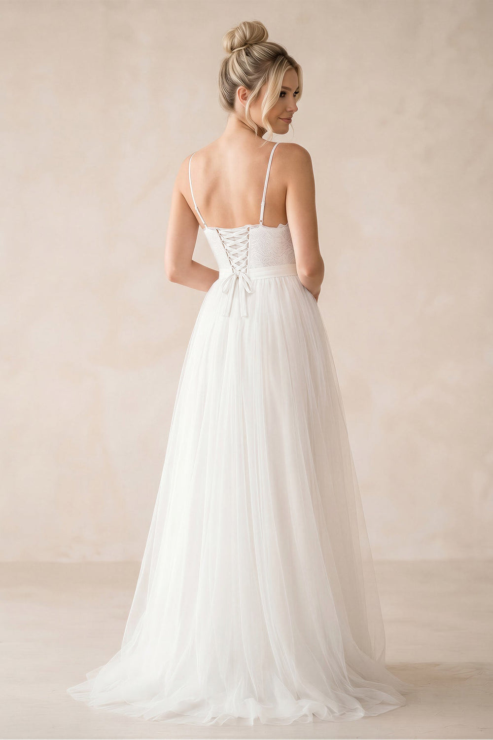 Spaghetti Straps A - Line Tulle Ruched Wedding Dress in White - KISS BRIDAL Wedding Dresses