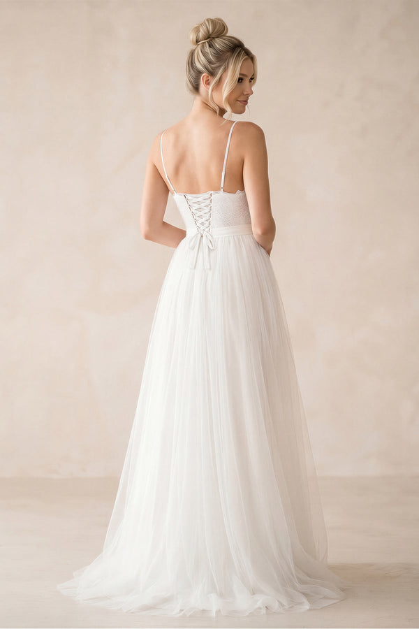 Spaghetti Straps A - Line Tulle Ruched Wedding Dress in White - KISS BRIDAL Wedding Dresses