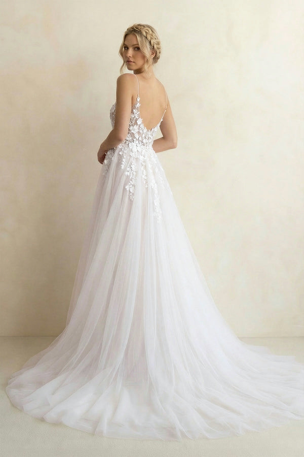 Spaghetti Straps A Line Tulle Wedding Dress in White and Nude - SHE IS ME Wedding Dresses