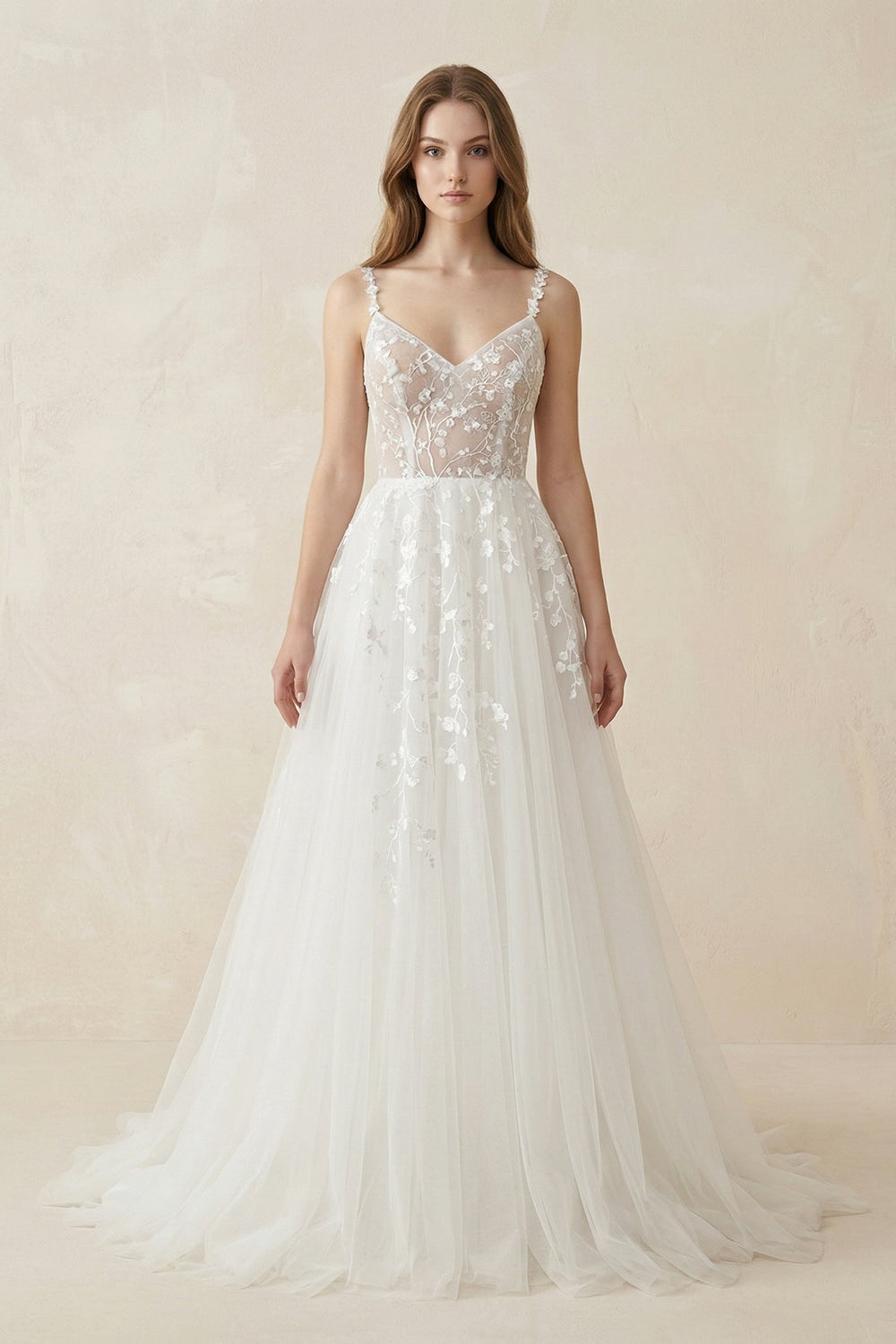 Spaghetti - Straps A - Line Tulle Wedding Dress With Lace Appliques in White - KISS BRIDAL Wedding Dresses