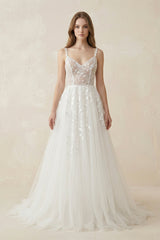 Spaghetti - Straps A - Line Tulle Wedding Dress With Lace Appliques in White - KISS BRIDAL Wedding Dresses