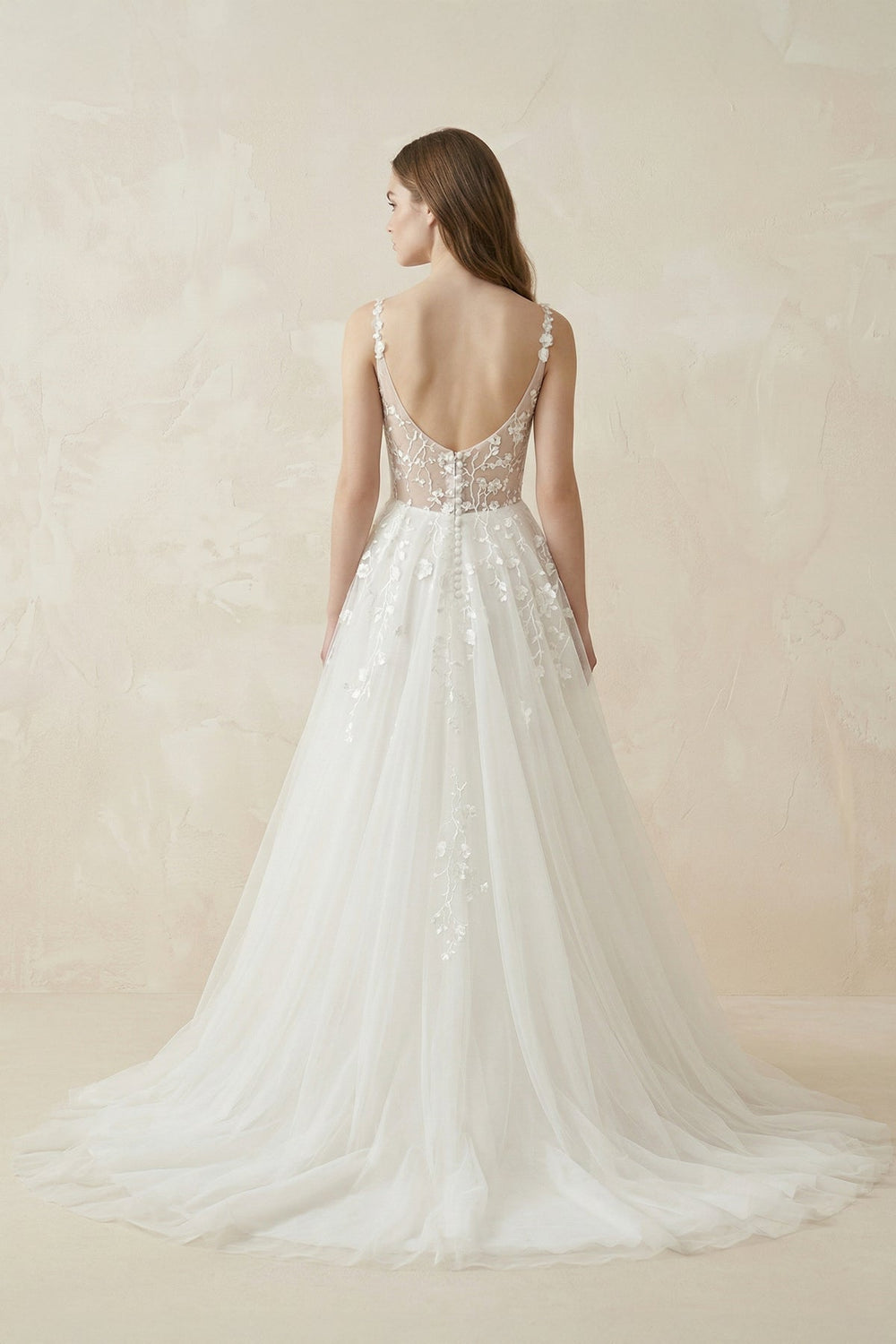Spaghetti - Straps A - Line Tulle Wedding Dress With Lace Appliques in White - KISS BRIDAL Wedding Dresses