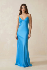 Spaghetti Straps Appliqued Sheath Satin Long Prom Dress in Blue - KISS BRIDAL