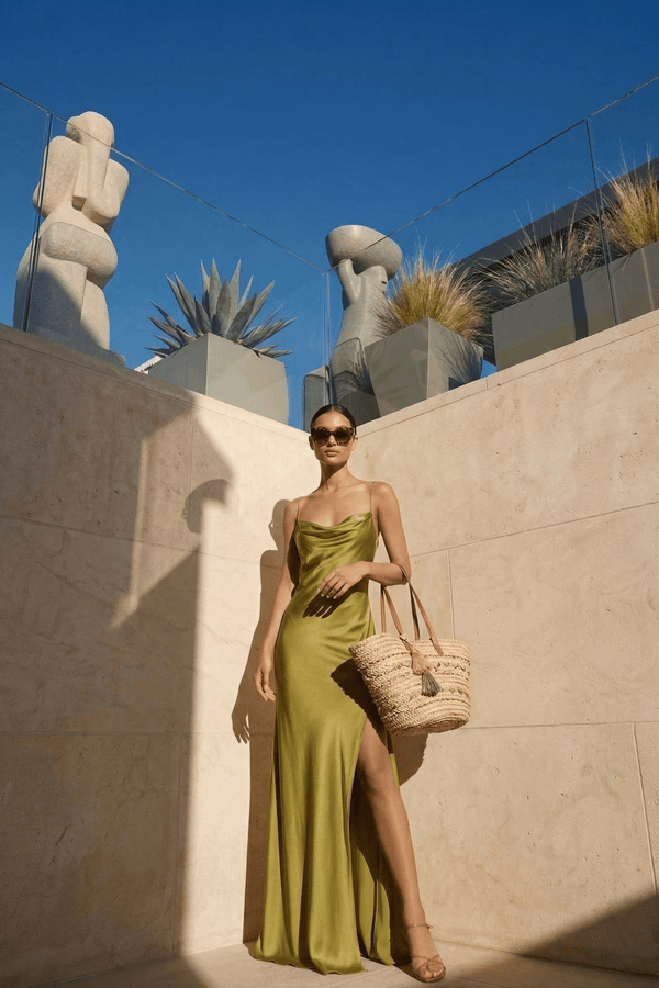 Spaghetti Straps Backless Maxi Dress With Slit in Olive - SHE IS ME PROM DRESSES