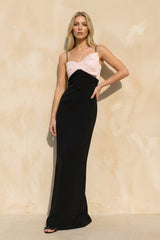 Spaghetti Straps Bow Maxi Dress in Black and Pink - KISS BRIDAL
