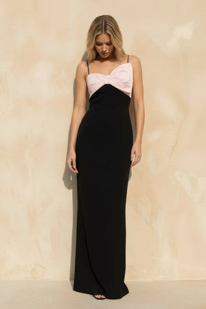 Spaghetti Straps Bow Maxi Dress in Black and Pink - SHE IS ME