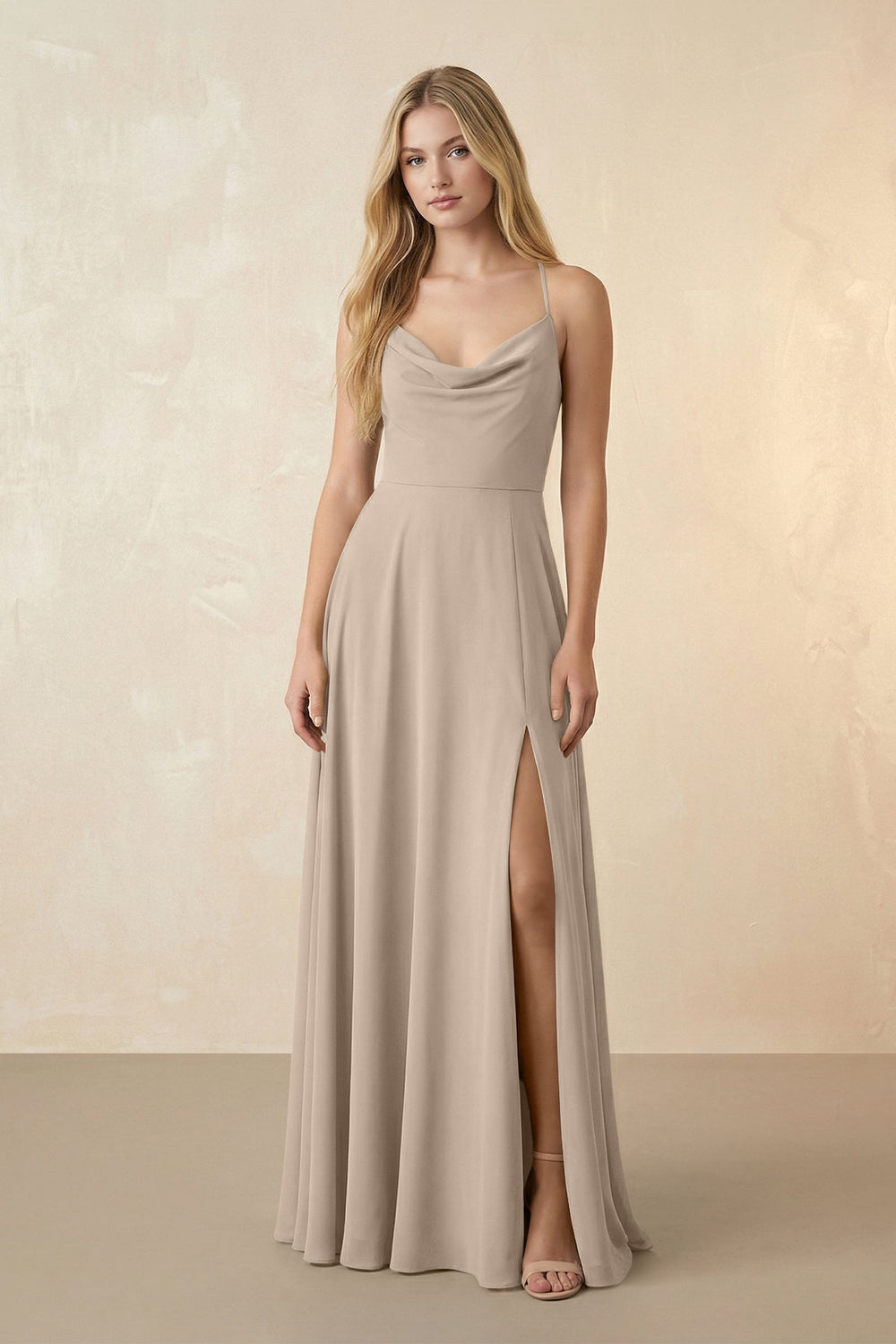 Spaghetti Straps Chiffon A-Line Bridesmaid Dress in Almond - KISS BRIDAL BRIDESMAID DRESSES