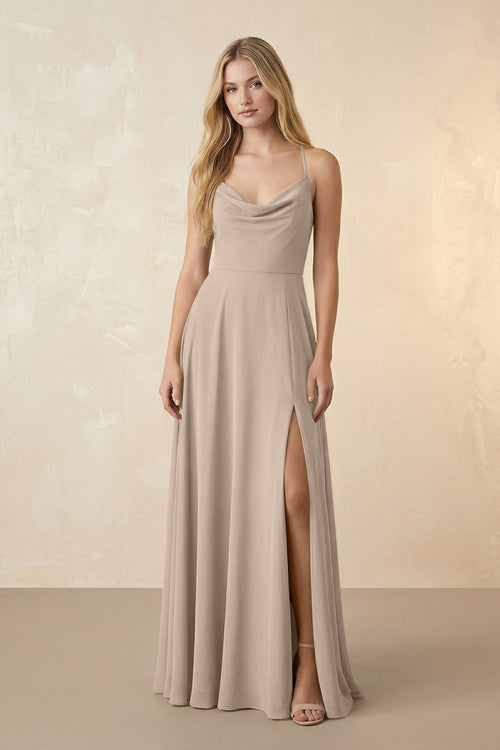 Spaghetti Straps Chiffon A-Line Bridesmaid Dress in Almond - SHE IS ME BRIDESMAID DRESSES