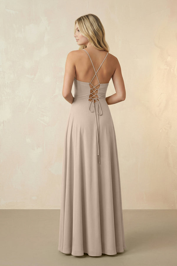 Spaghetti Straps Chiffon A-Line Bridesmaid Dress in Almond - SHE IS ME BRIDESMAID DRESSES