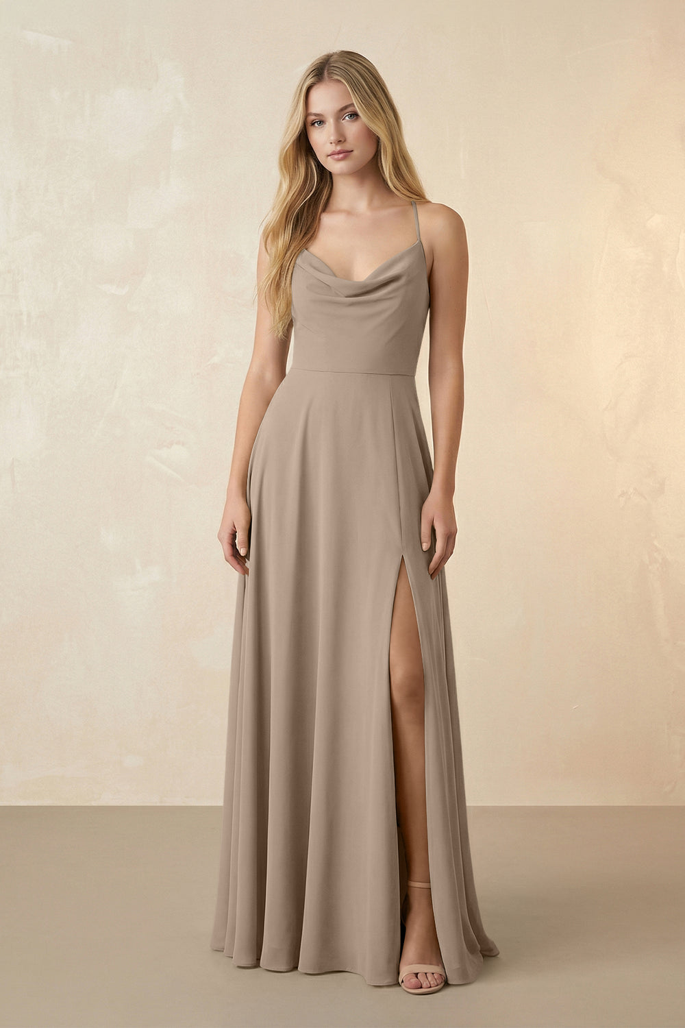 Spaghetti Straps Chiffon A-Line Bridesmaid Dress in Almond