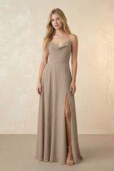 Spaghetti Straps Chiffon A-Line Bridesmaid Dress in Almond | KISSBRIDAL