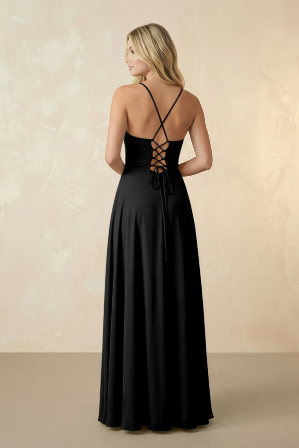 Spaghetti Straps Chiffon A-Line Bridesmaid Dress in Black - SHE IS ME BRIDESMAID DRESSES