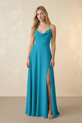 Spaghetti Straps Chiffon A-Line Bridesmaid Dress in Blue Jay - KISS BRIDAL BRIDESMAID DRESSES