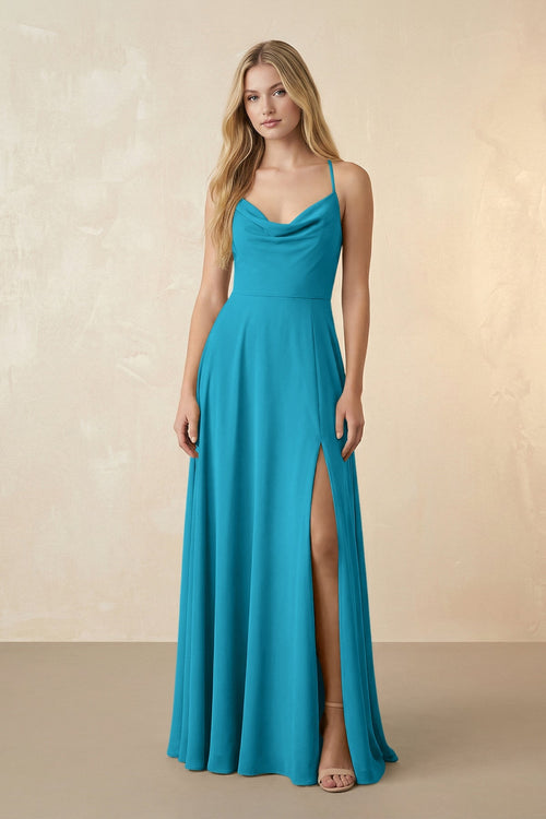 Spaghetti Straps Chiffon A-Line Bridesmaid Dress in Blue Jay - SHE IS ME BRIDESMAID DRESSES