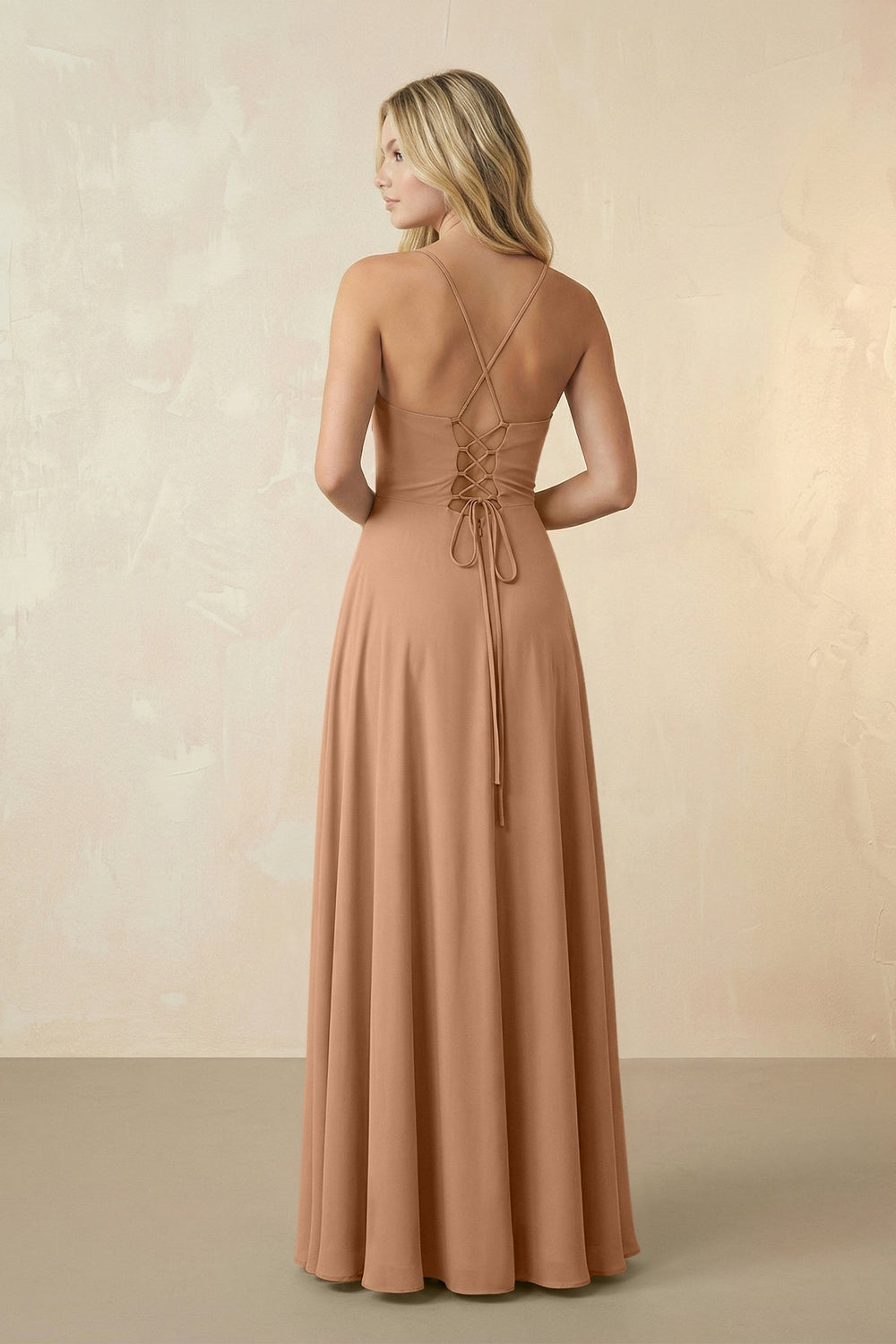 Spaghetti Straps Chiffon A-Line Bridesmaid Dress in Bronzer - KISS BRIDAL BRIDESMAID DRESSES