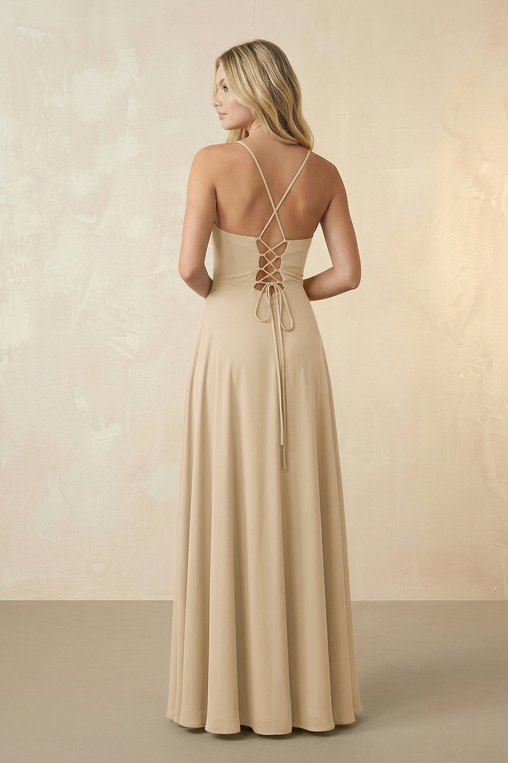 Spaghetti Straps Chiffon A-Line Bridesmaid Dress in Champagne