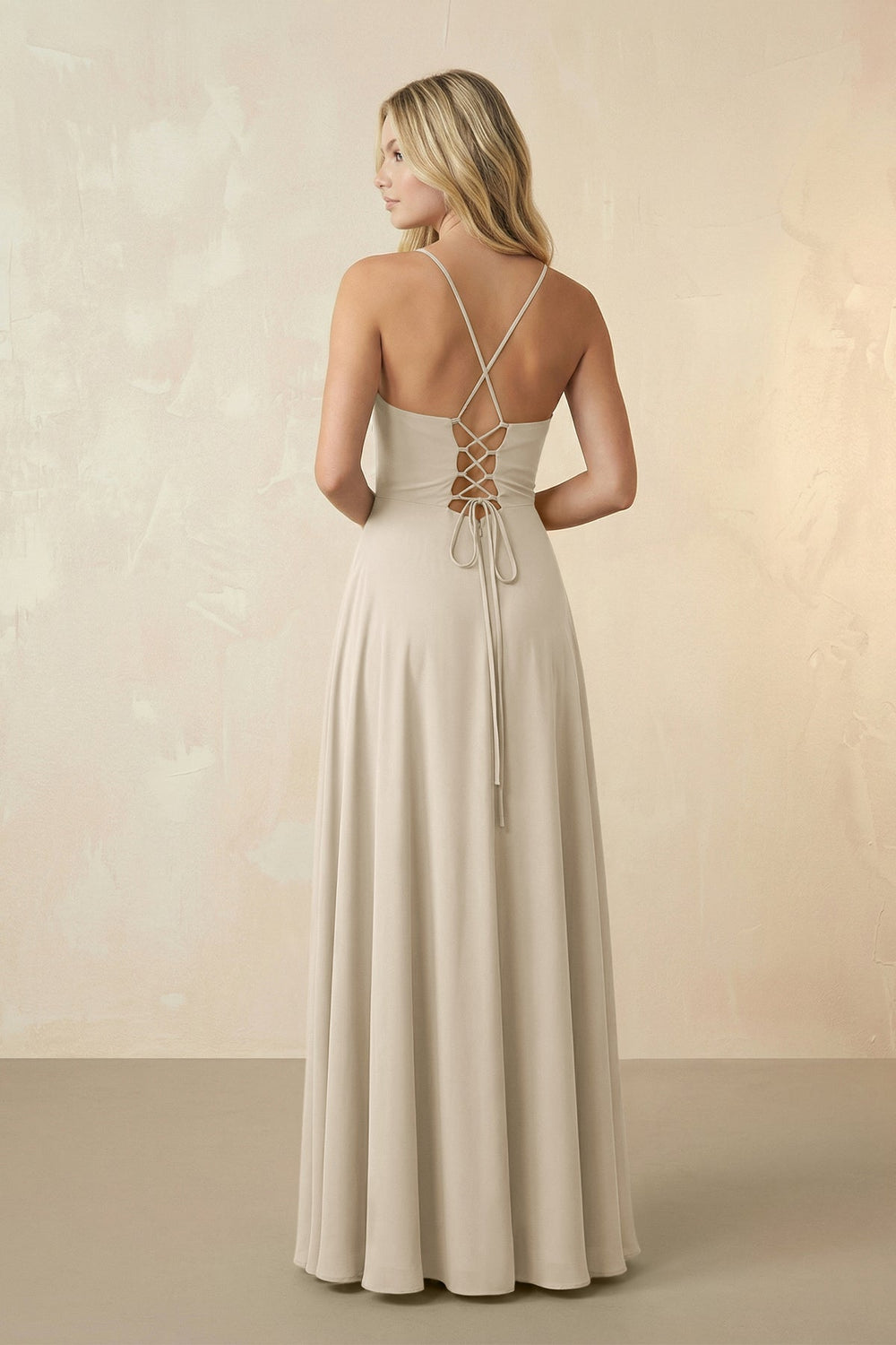 Spaghetti Straps Chiffon A-Line Bridesmaid Dress in Champagne - SHE IS ME BRIDESMAID DRESSES